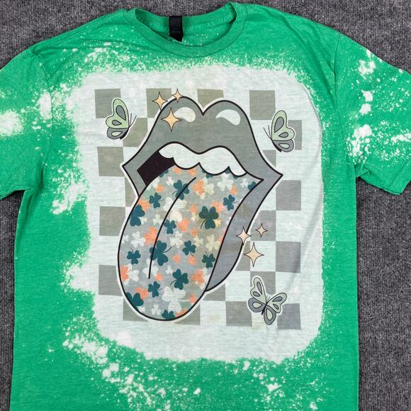 Gildan T-Shirt Mens Size L Green Graphic Shamrock Tongue Bleach Dyed St Patrick - Picture 1 of 9